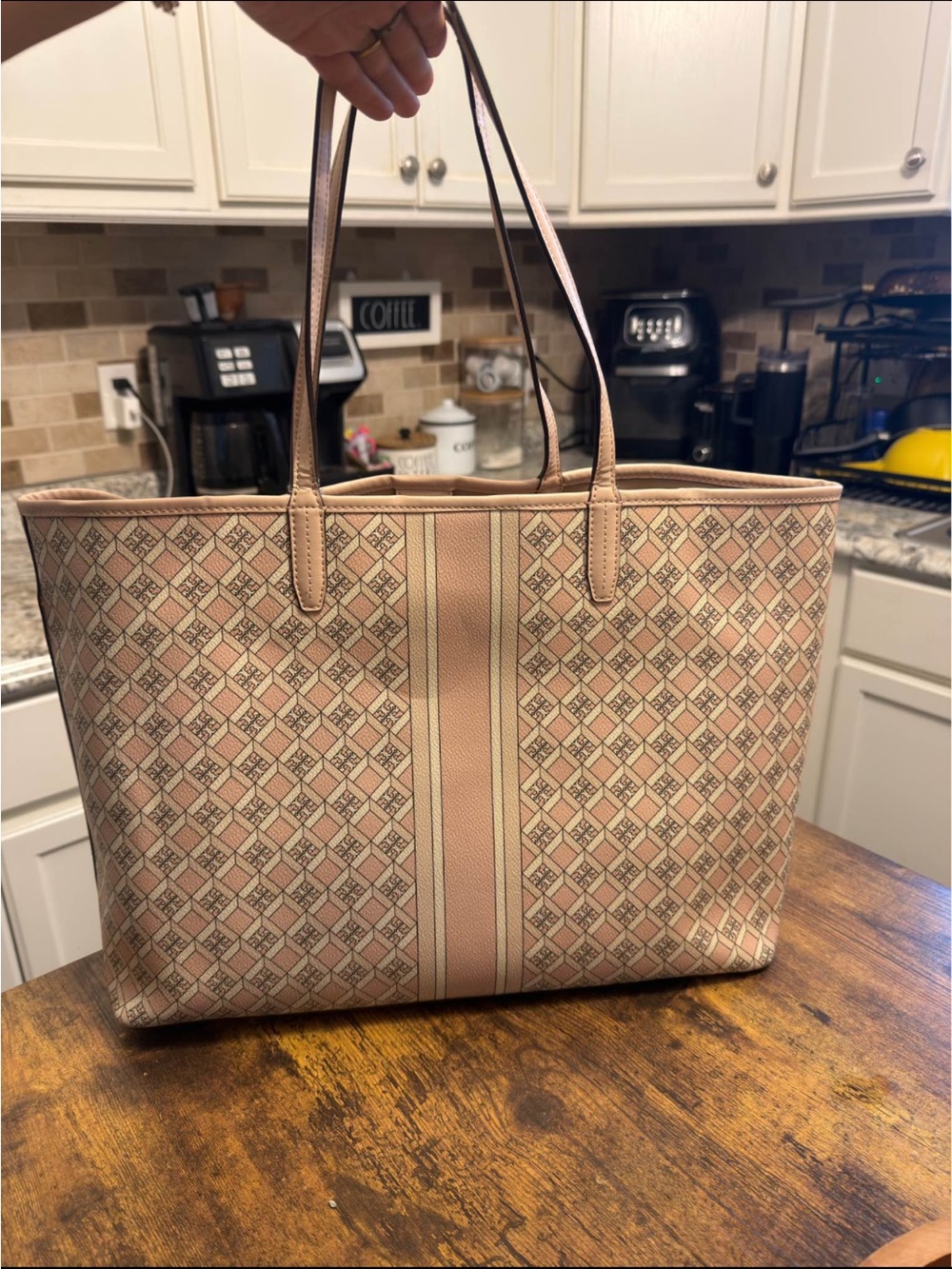 Tory Burch Pink Geometric Pattern Tote with Center Stripe